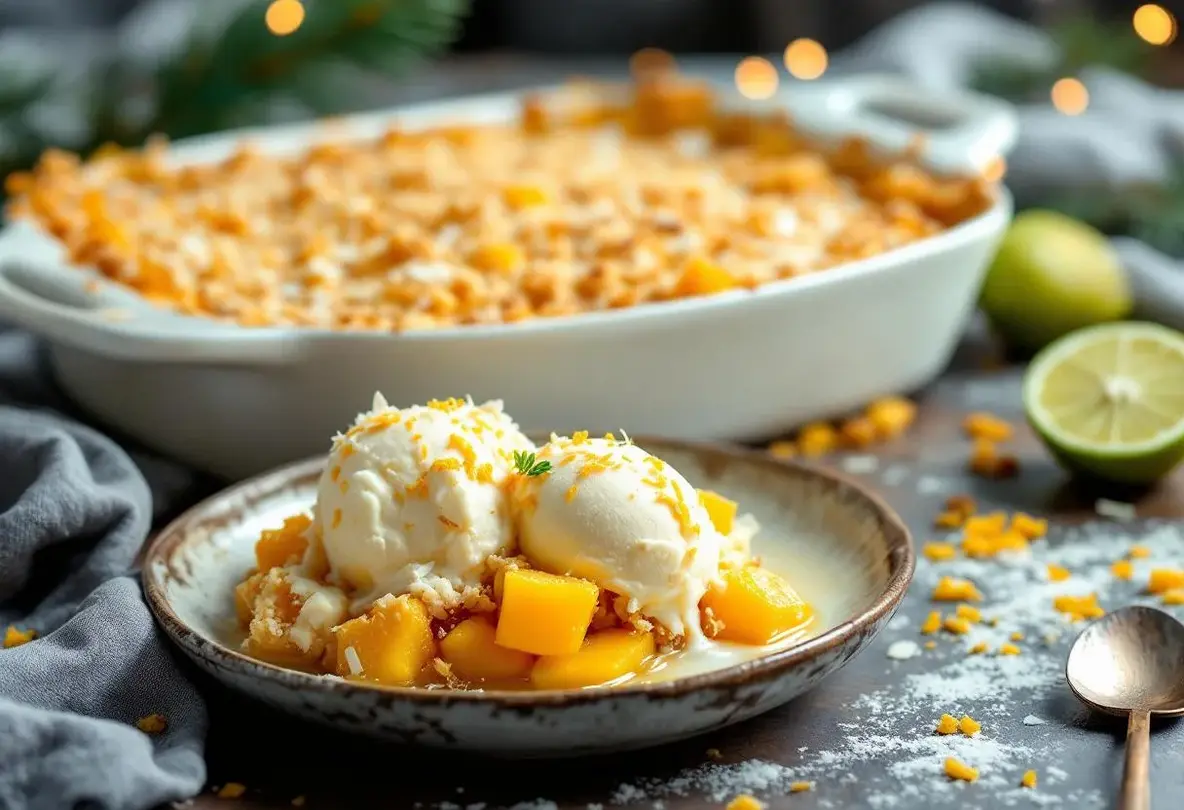 Il vole la vedette aux bûches : le crumble mangue-coco-citron vert qui croustille sous la neige et fond littéralement dans la bouche