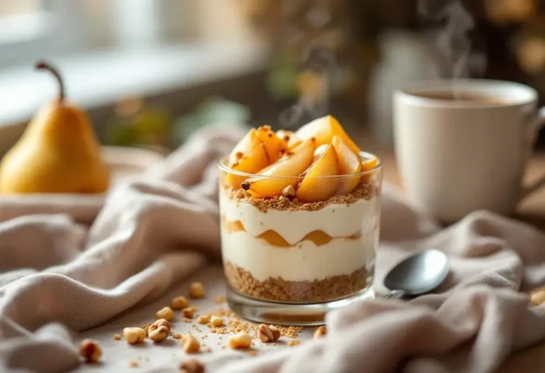 Poires fondantes et croustillant de spéculoos : ce cheesecake minute sans cuisson est le goûter d’automne idéal !